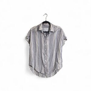 Lola River NYC Sz S Stripe Button Up Shirt Linen/Lyocell Blend Rolled Sleeves
